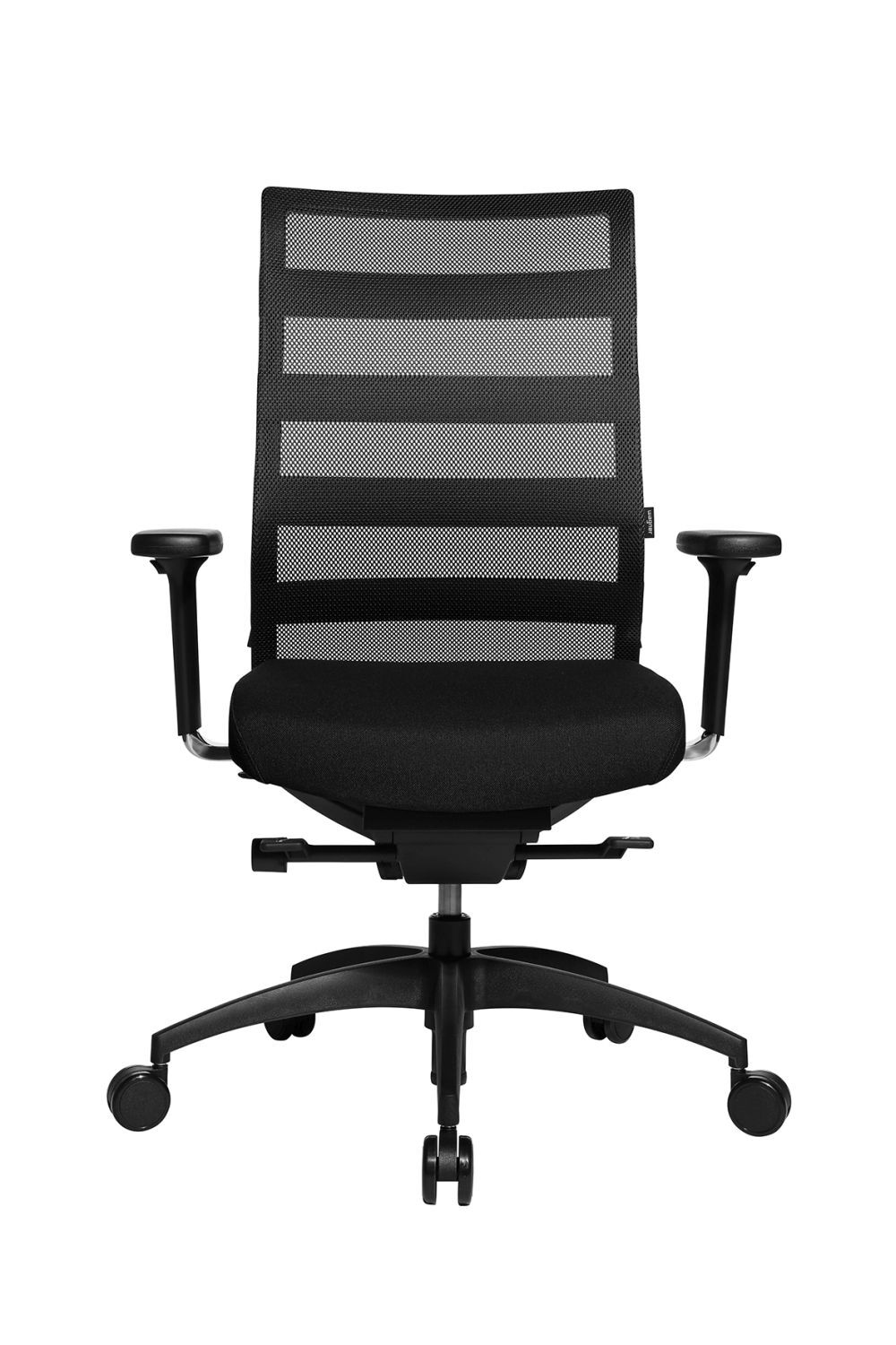 Ergonomischer Bürostuhl mit Netzrückenlehne, verstellbaren Armlehnen und Rollen für dynamisches Sitzen.