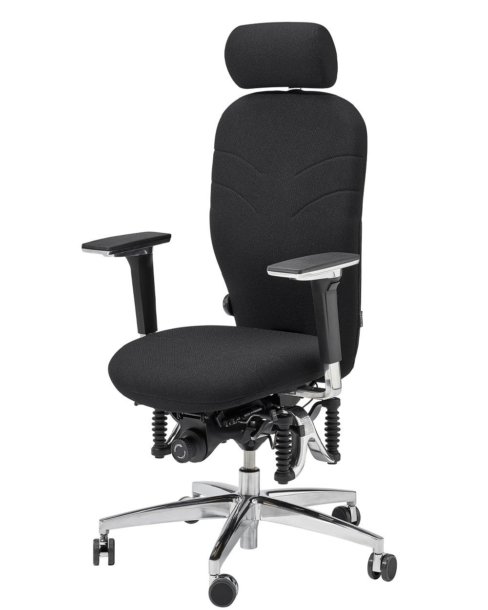 Schwarzer ergonomischer Bürostuhl mit verstellbaren Armlehnen und Kopfstütze, auf Rollen für dynamisches Sitzen.