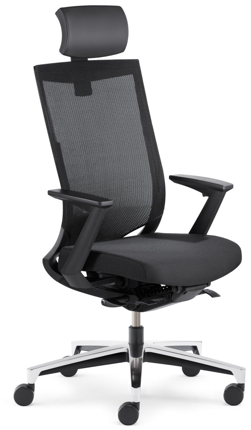 Ergonomischer Bürostuhl mit Netzrücken, Kopfstütze und verstellbaren Armlehnen auf fünf Rollen.
