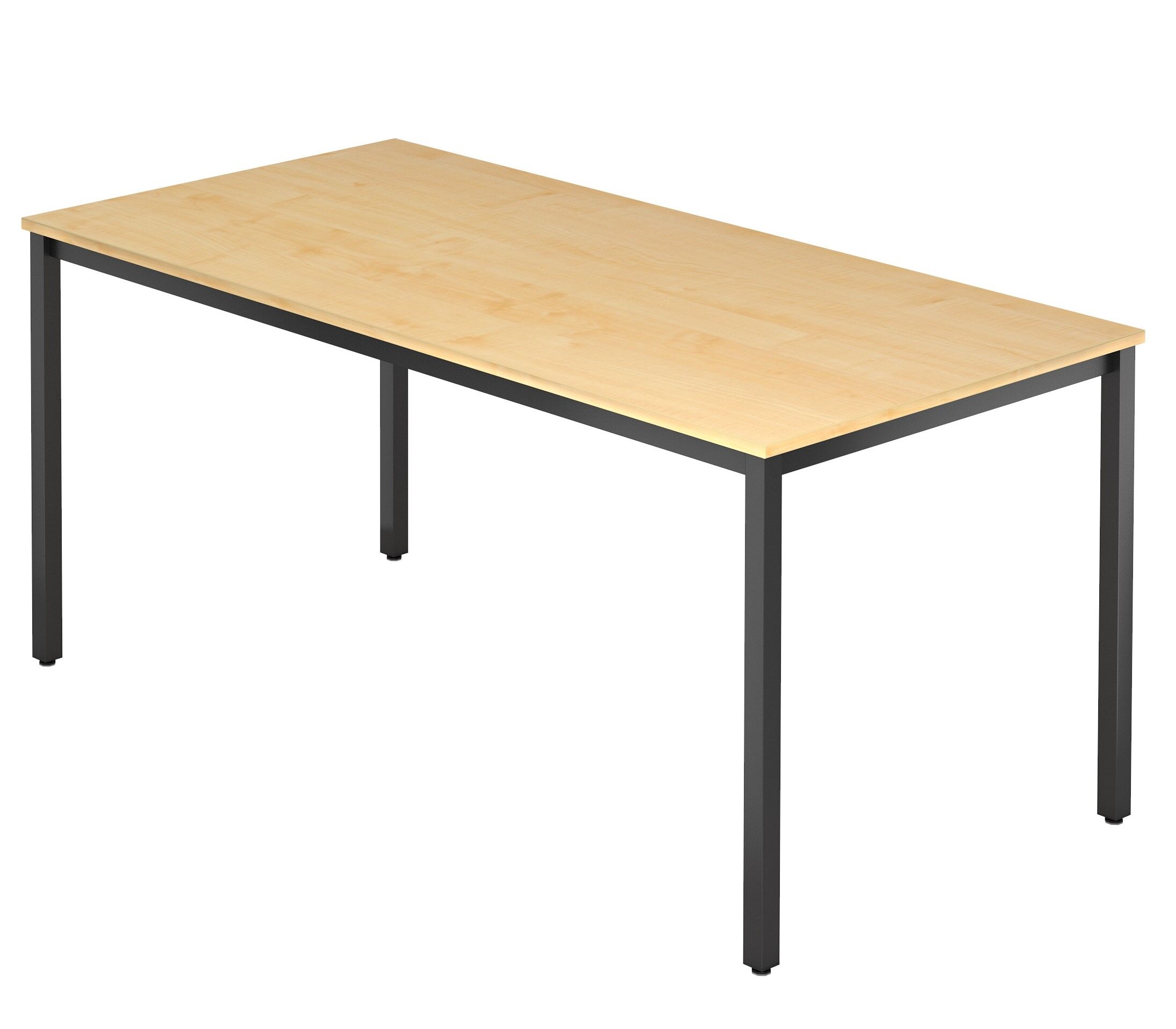 Schlichter rechteckiger Tisch mit Holzplatte und schwarzen Metallbeinen, ideal für Büro- und Wohnbereiche.