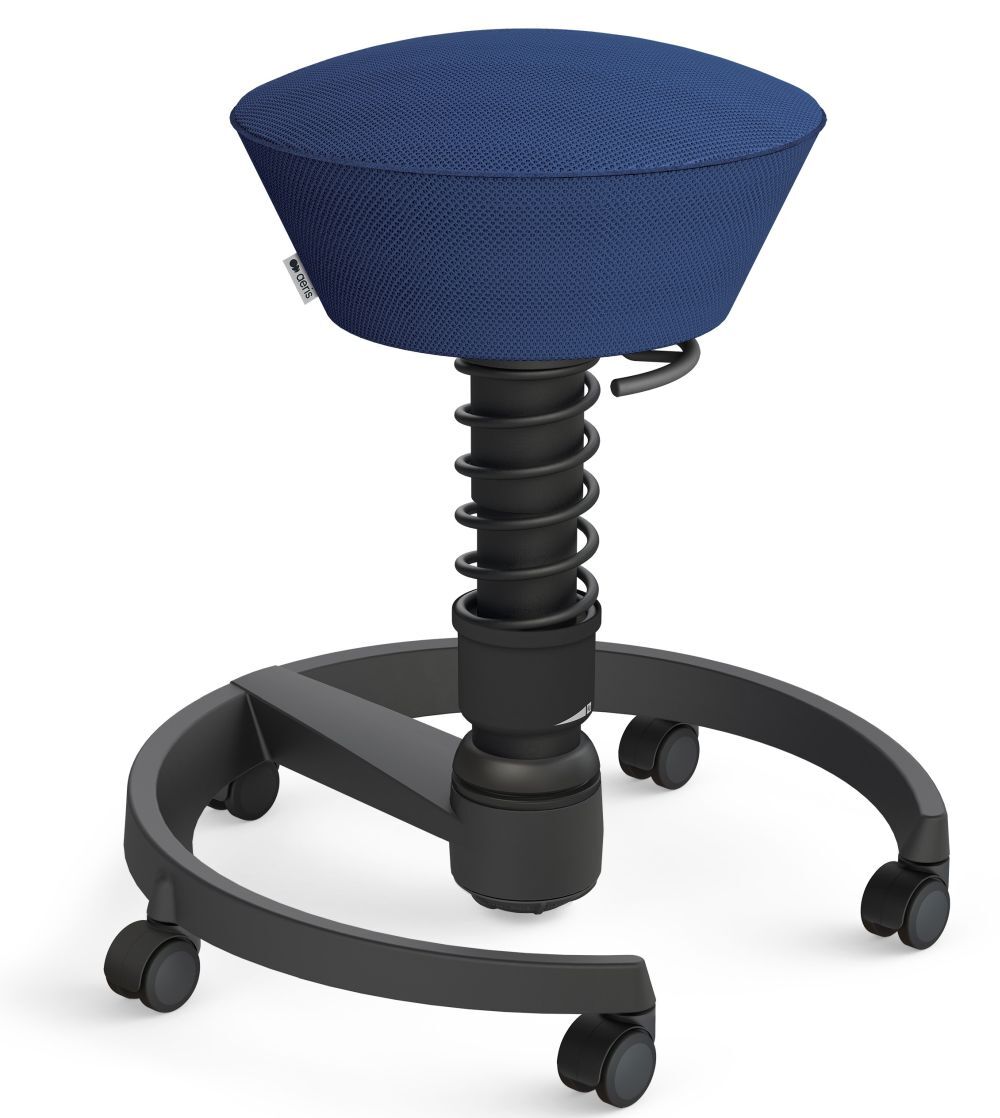 Moderner ergonomischer Hocker mit blauem Sitz und schwarzer Federung, ideal für dynamisches Sitzen im Büro.