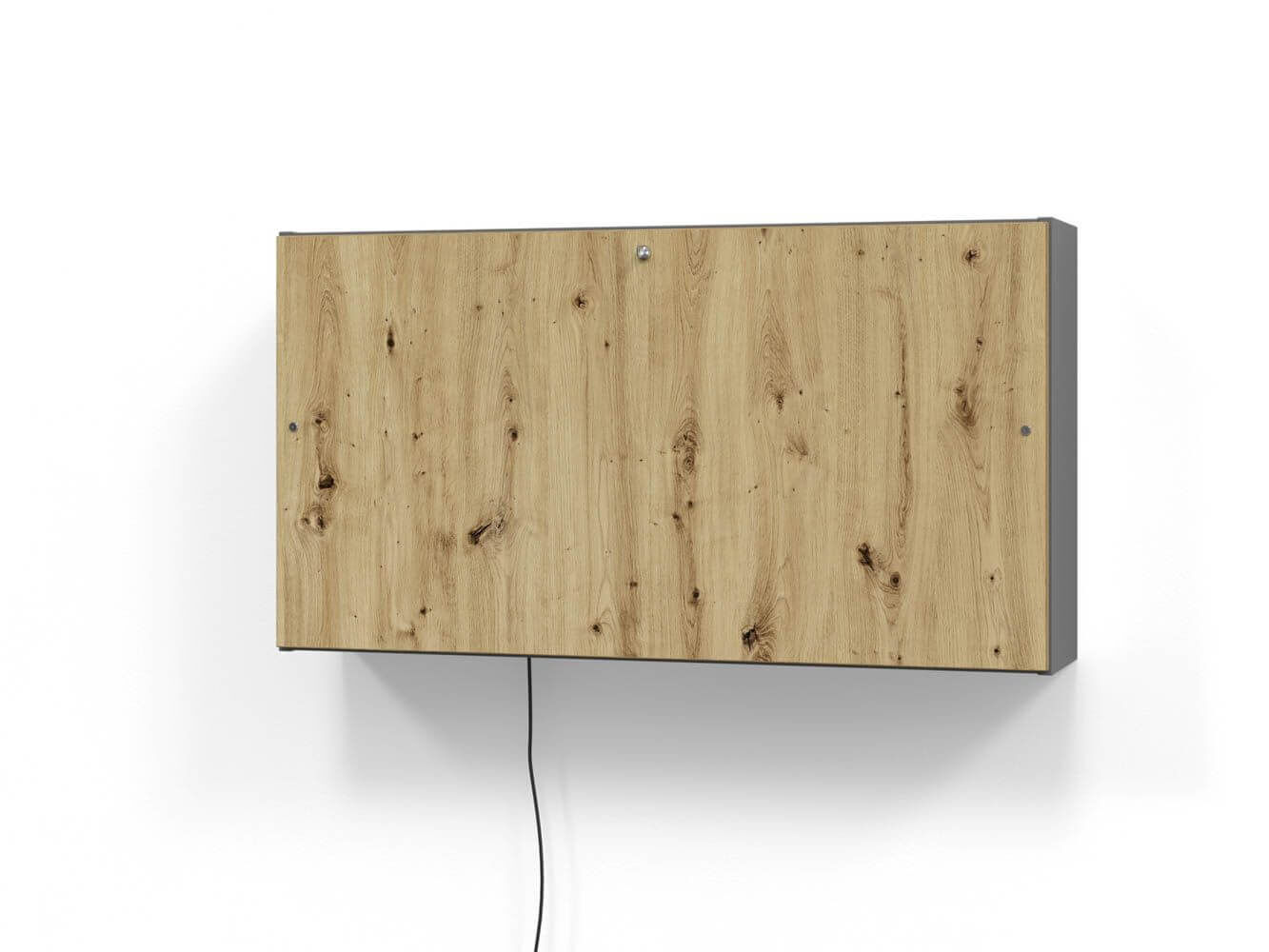 Wandklapptisch mit Holzoptik, an der Wand montiert, mit schwarzem Kabel unten sichtbar.