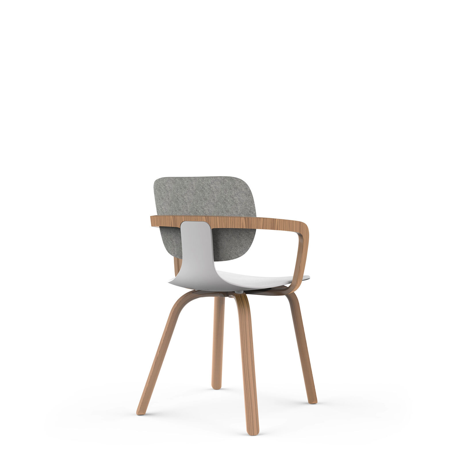 Ergonomischer Stuhl mit modernem Design, Holzakzenten und gepolsterter Rückenlehne, ideal für komfortables Sitzen.