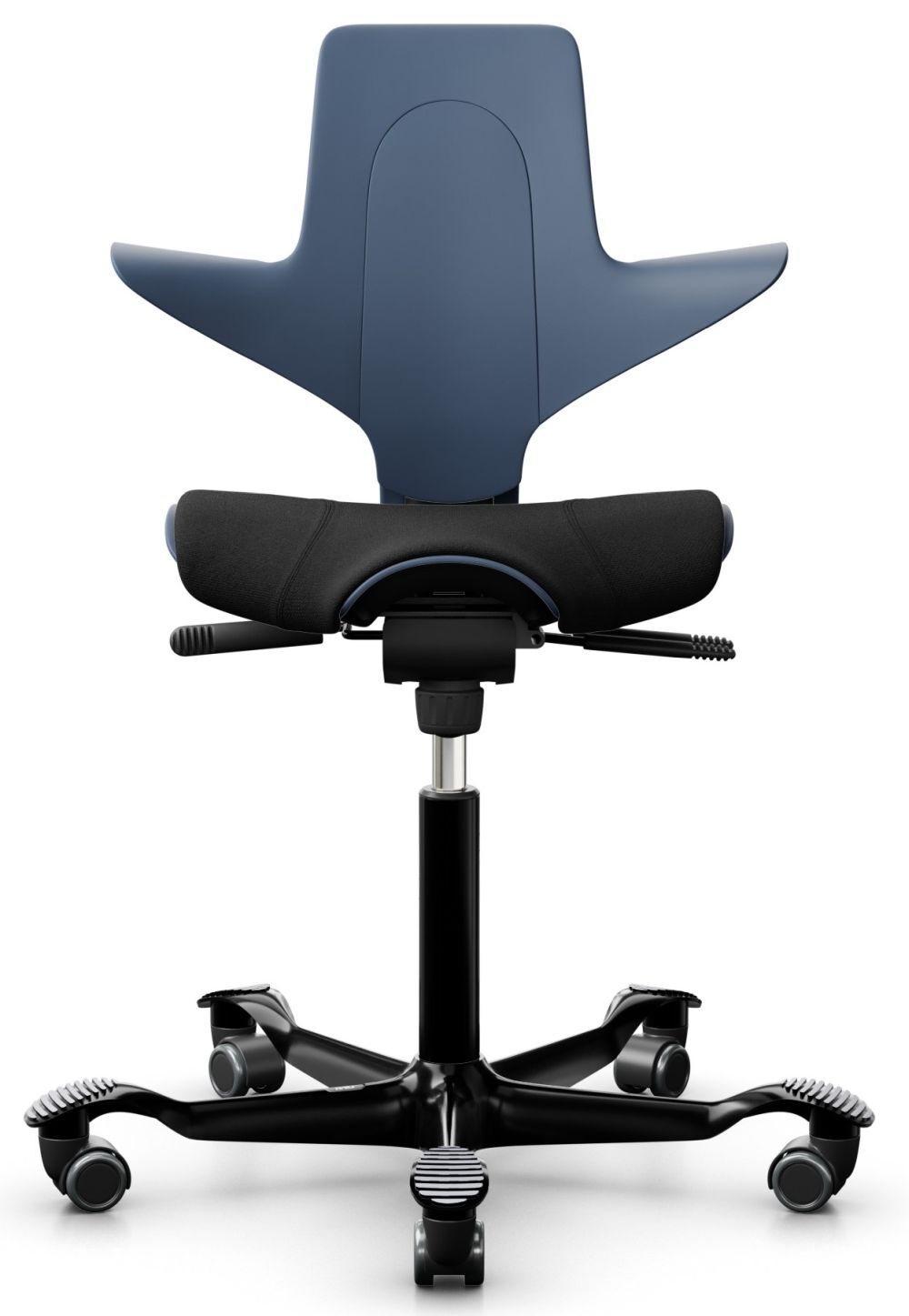 Ergonomischer Bürostuhl in Blau mit einzigartiger Rückenlehne und Sitzpolsterung, ideal für bewegtes Sitzen.