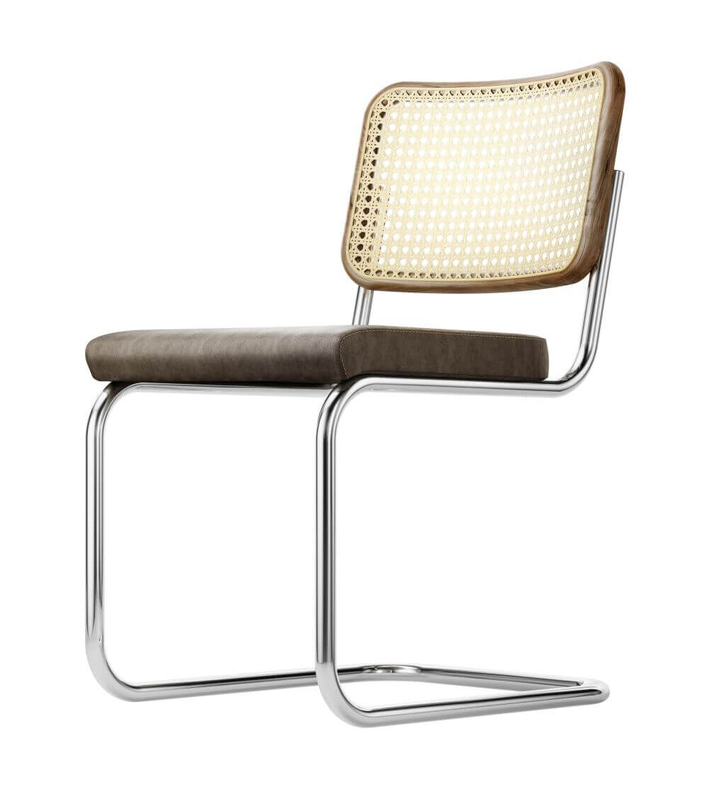Moderner Freischwingerstuhl mit Chromgestell, braunem Sitzpolster und Rattangeflecht-Rückenlehne, ideal für ergonomisches Sitzen.