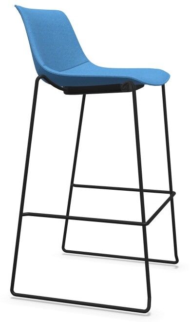 Moderner Barhocker mit blauem Sitz und schwarzem Metallgestell, ideal für ergonomische Sitzlösungen.