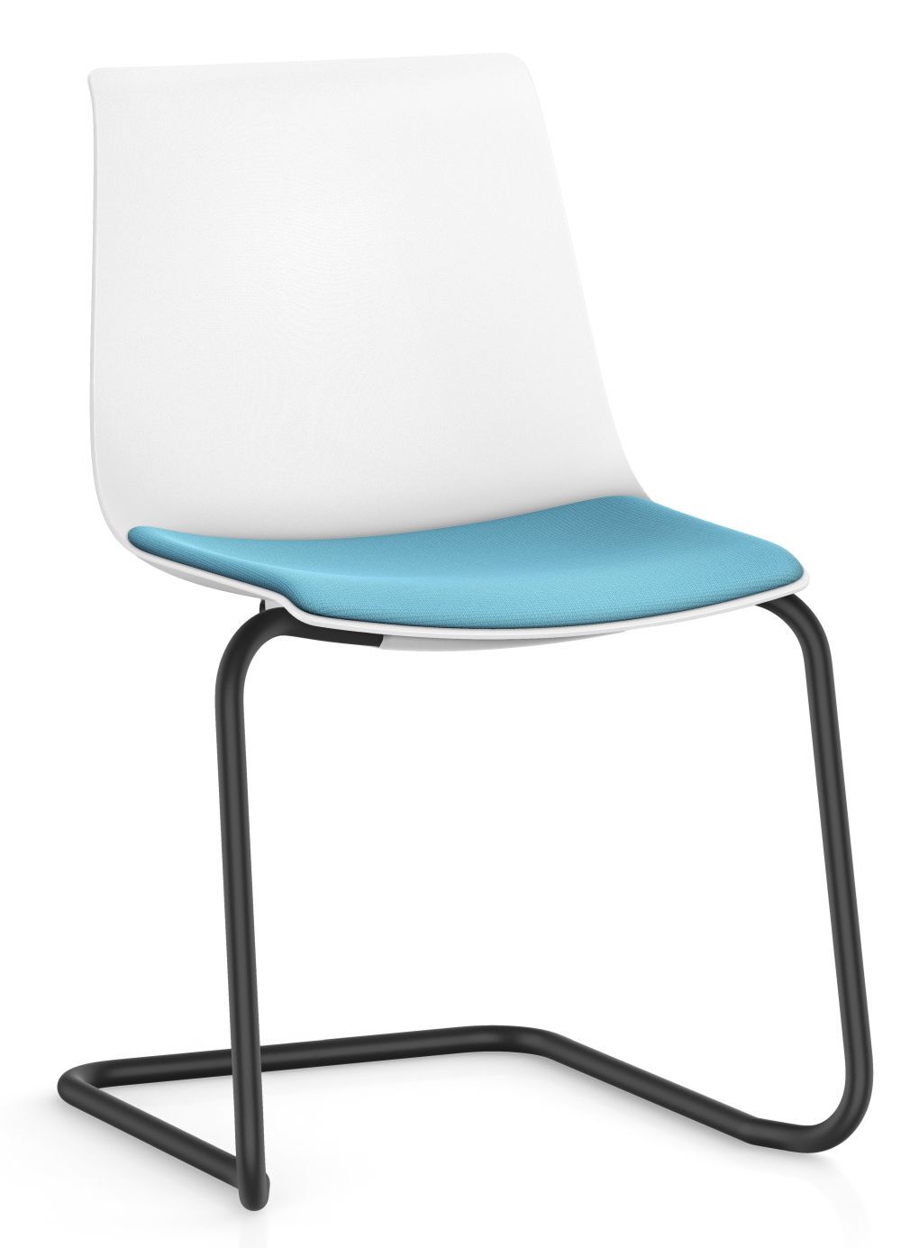 Moderner Stuhl mit weißer Rückenlehne, blauem Sitzpolster und schwarzem Metallgestell, ideal für ergonomisches Sitzen.