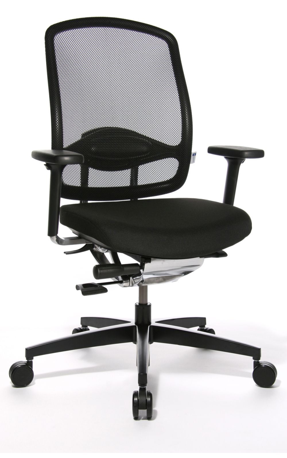 Ergonomischer Bürostuhl mit Netzrückenlehne, verstellbaren Armlehnen und Rollen für dynamisches Sitzen.