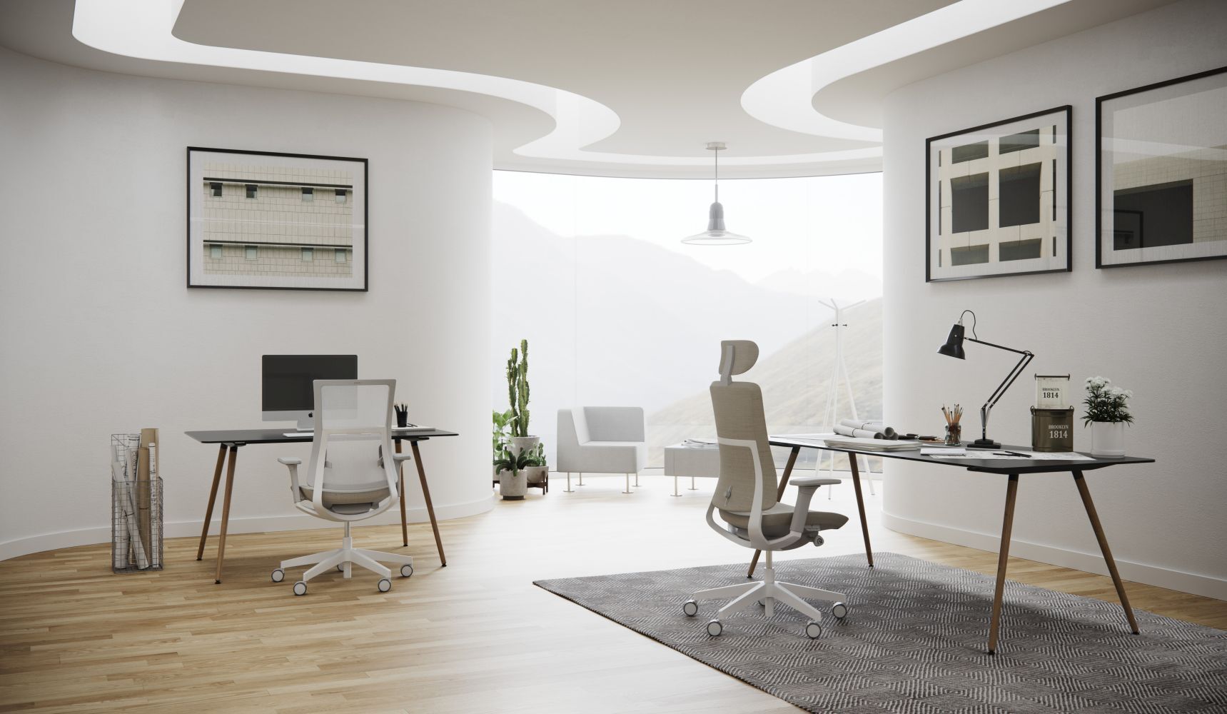 Modernes Büro mit ergonomischen Bürostühlen, stilvollen Schreibtischen und großem Fenster mit Bergblick.