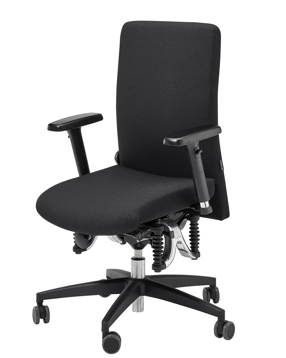 Ergonomischer Bürostuhl mit verstellbaren Armlehnen, schwarzer Polsterung und beweglichen Mechanismen für dynamisches Sitzen.