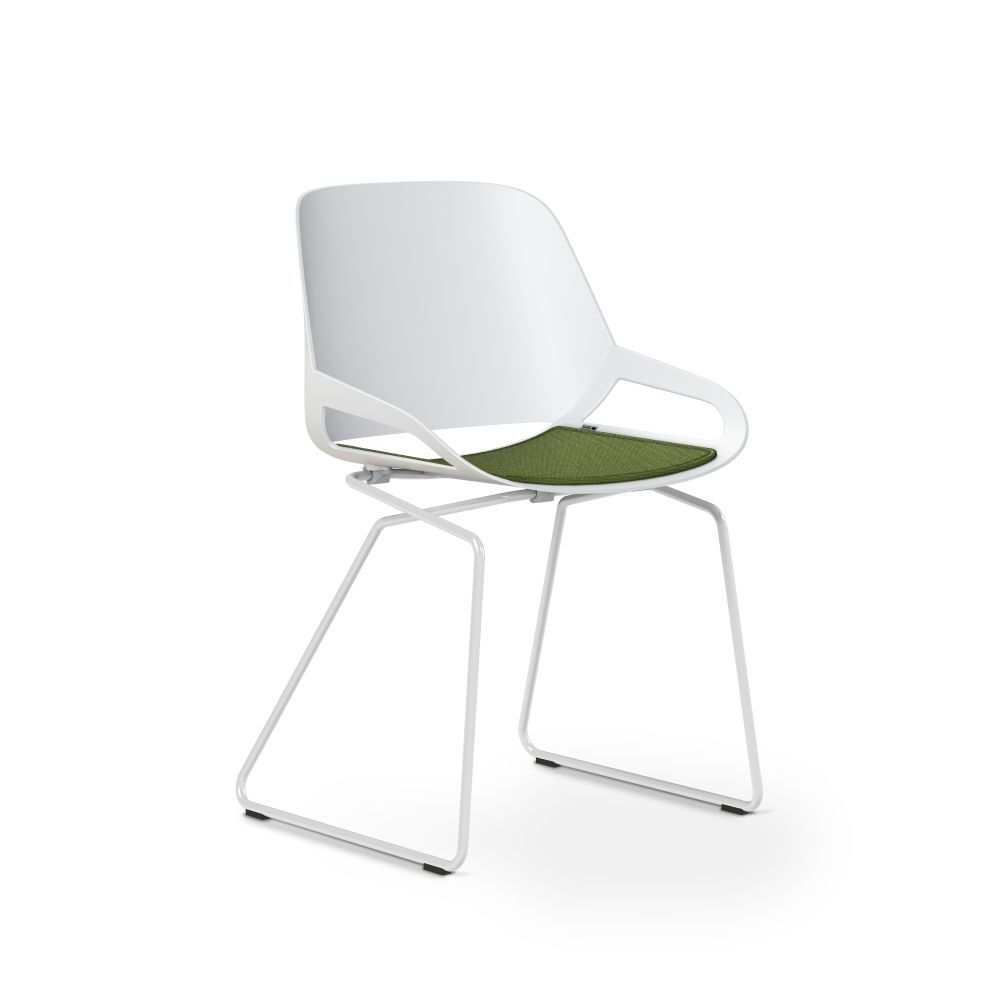 Moderner weißer Bürostuhl mit grünem Sitzpolster und schlankem Metallgestell, ideal für ergonomisches Sitzen.