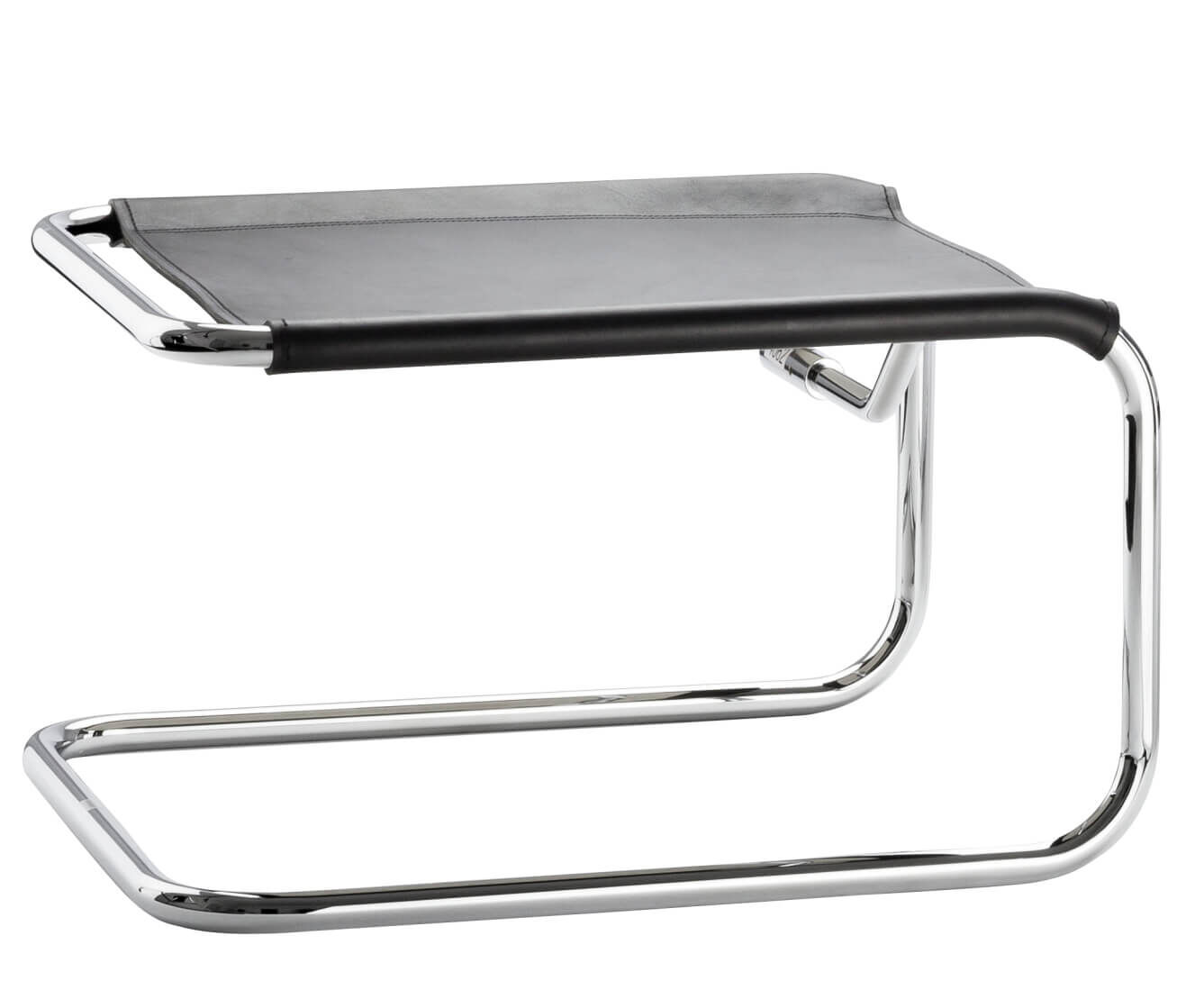 Moderner Hocker mit verchromtem Stahlrahmen und schwarzer Leder-Sitzfläche für ergonomisches, dynamisches Sitzen.