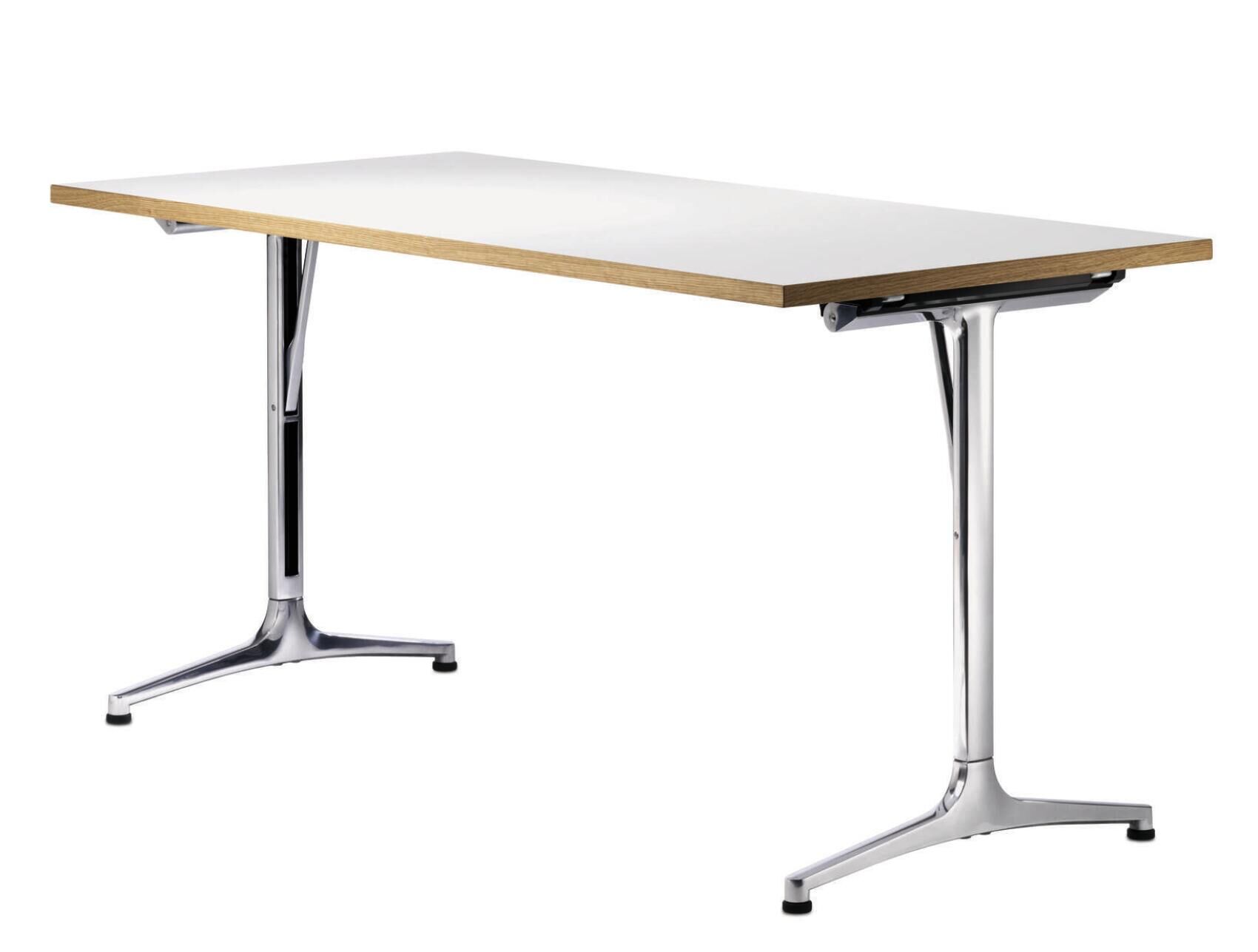 Moderner Tisch mit weißer Platte, eleganten Metallbeinen, ideal für ergonomische Bürogestaltung.