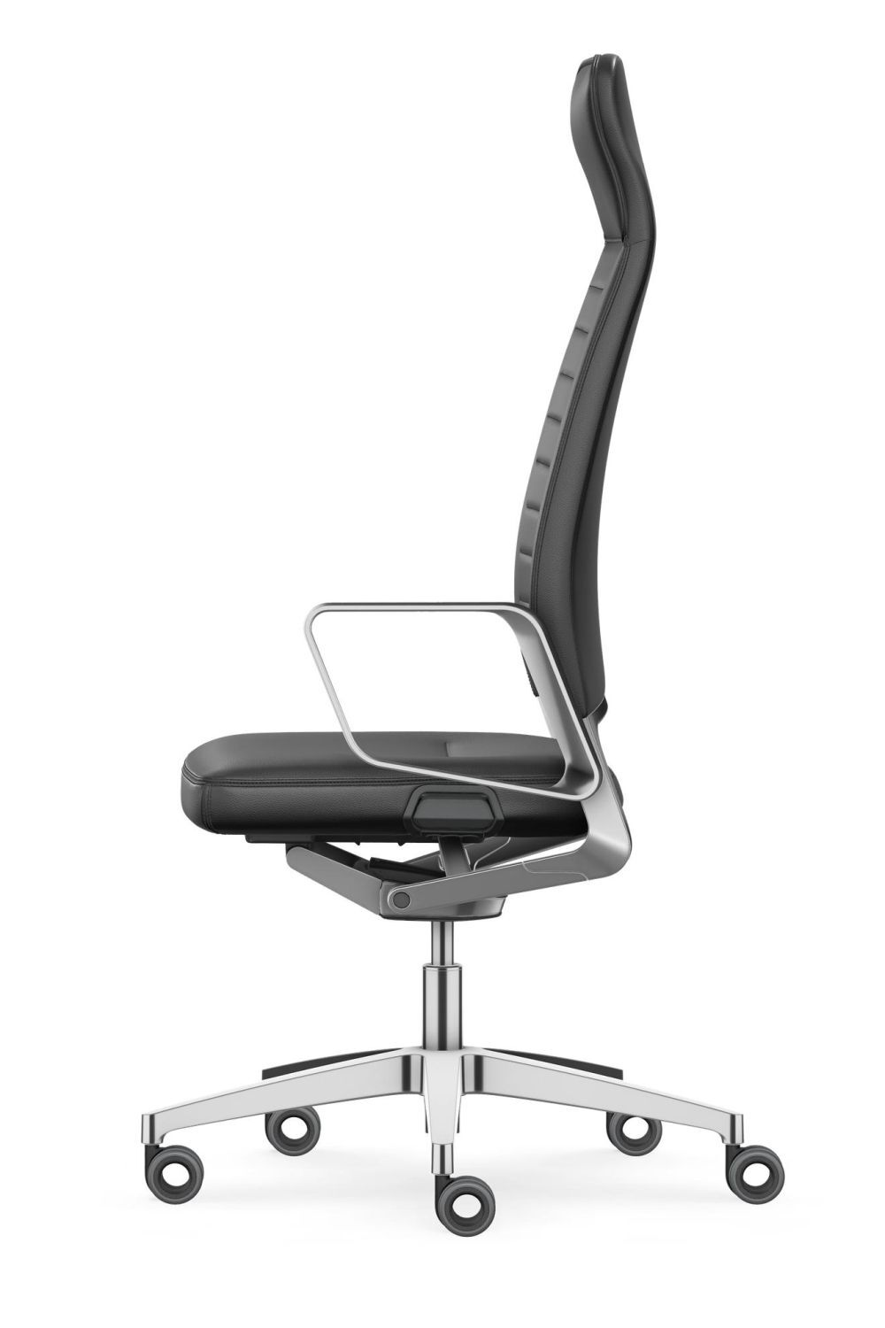 Seitliche Ansicht eines ergonomischen Bürostuhls mit hoher Rückenlehne, Metallrahmen und Rollen.