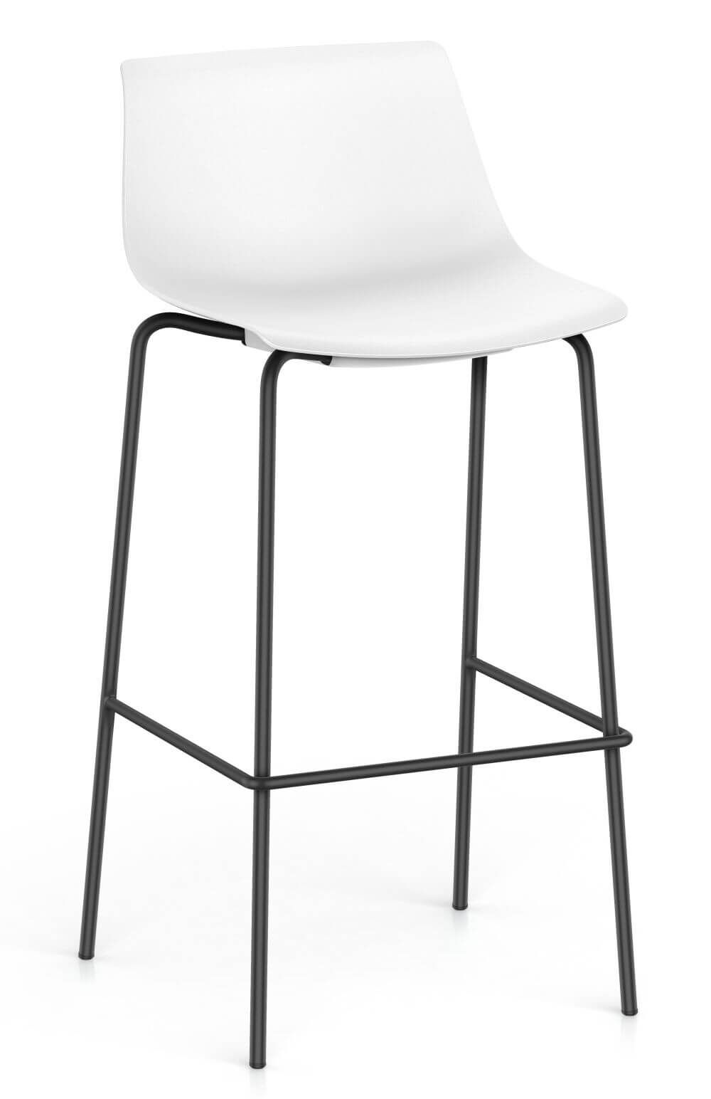 Moderner weißer Barhocker mit schwarzem Metallgestell, ideal für ergonomische Sitzlösungen im Büro oder Zuhause.