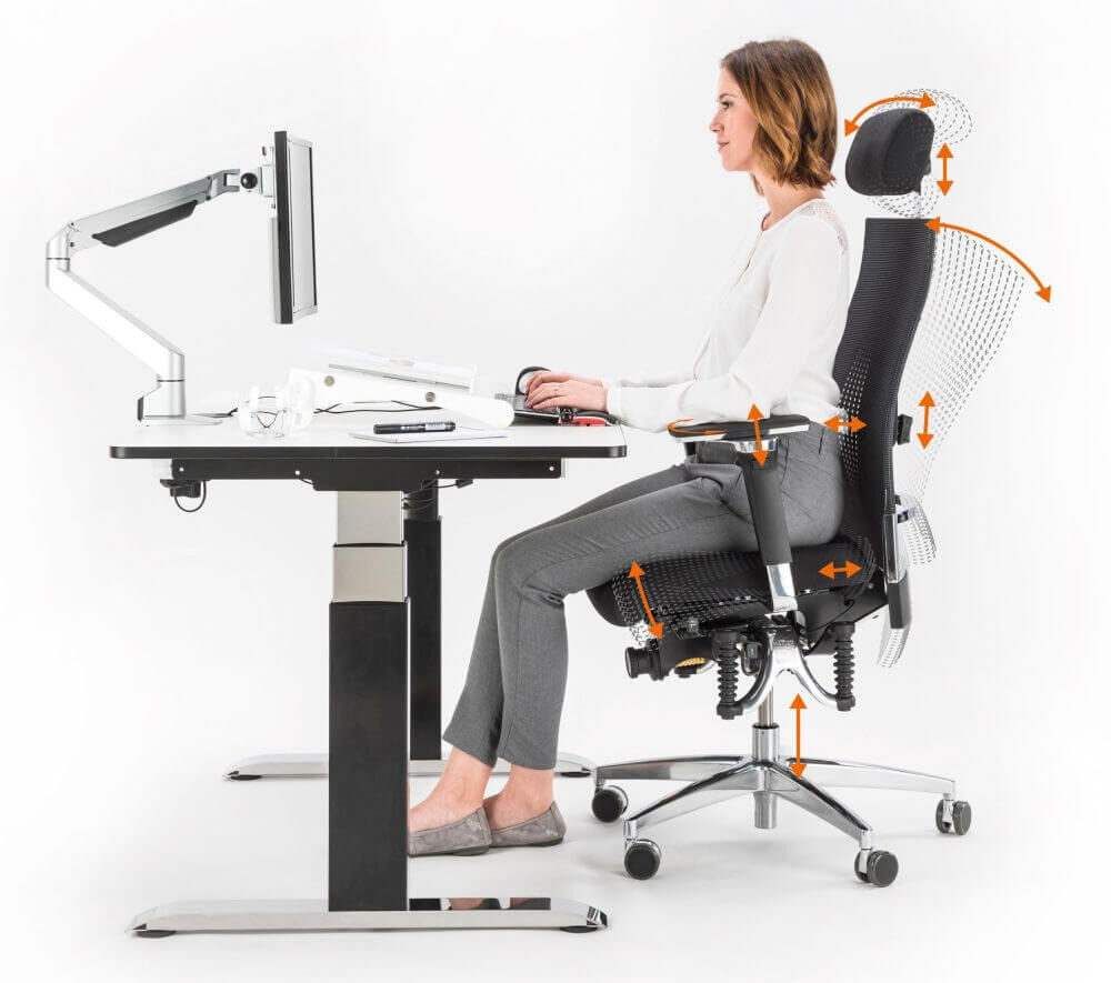 Frau sitzt ergonomisch an einem Schreibtisch mit verstellbarem Stuhl und Monitor. Pfeile zeigen Einstellmöglichkeiten.