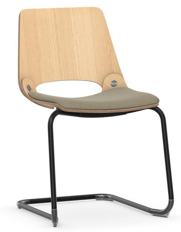 Modern minimalistischer Stuhl mit Holzlehne, gepolstertem Sitz und schwarzem Metallgestell, ideal für ergonomische Büros.