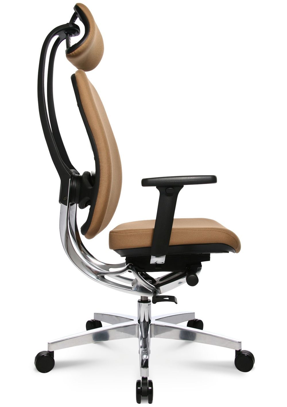 Brauner ergonomischer Bürostuhl mit Kopfstütze und Chromfuß, seitliche Ansicht, ideal für dynamisches Sitzen.