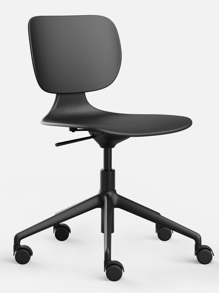Moderner schwarzer Bürostuhl mit ergonomischem Design auf fünf Rollen.