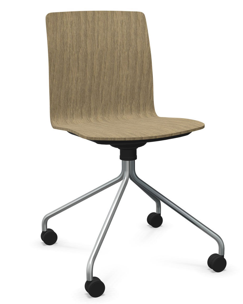 Moderner Bürostuhl mit Holzsitz und vier Rollenbeinen aus Metall, designed für ergonomisches Sitzen.