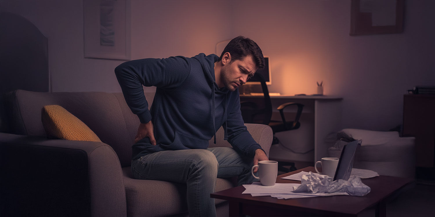 Mann sitzt auf dem Sofa, hält sich den schmerzenden Rücken, im Hintergrund ein Schreibtisch mit Laptop.
