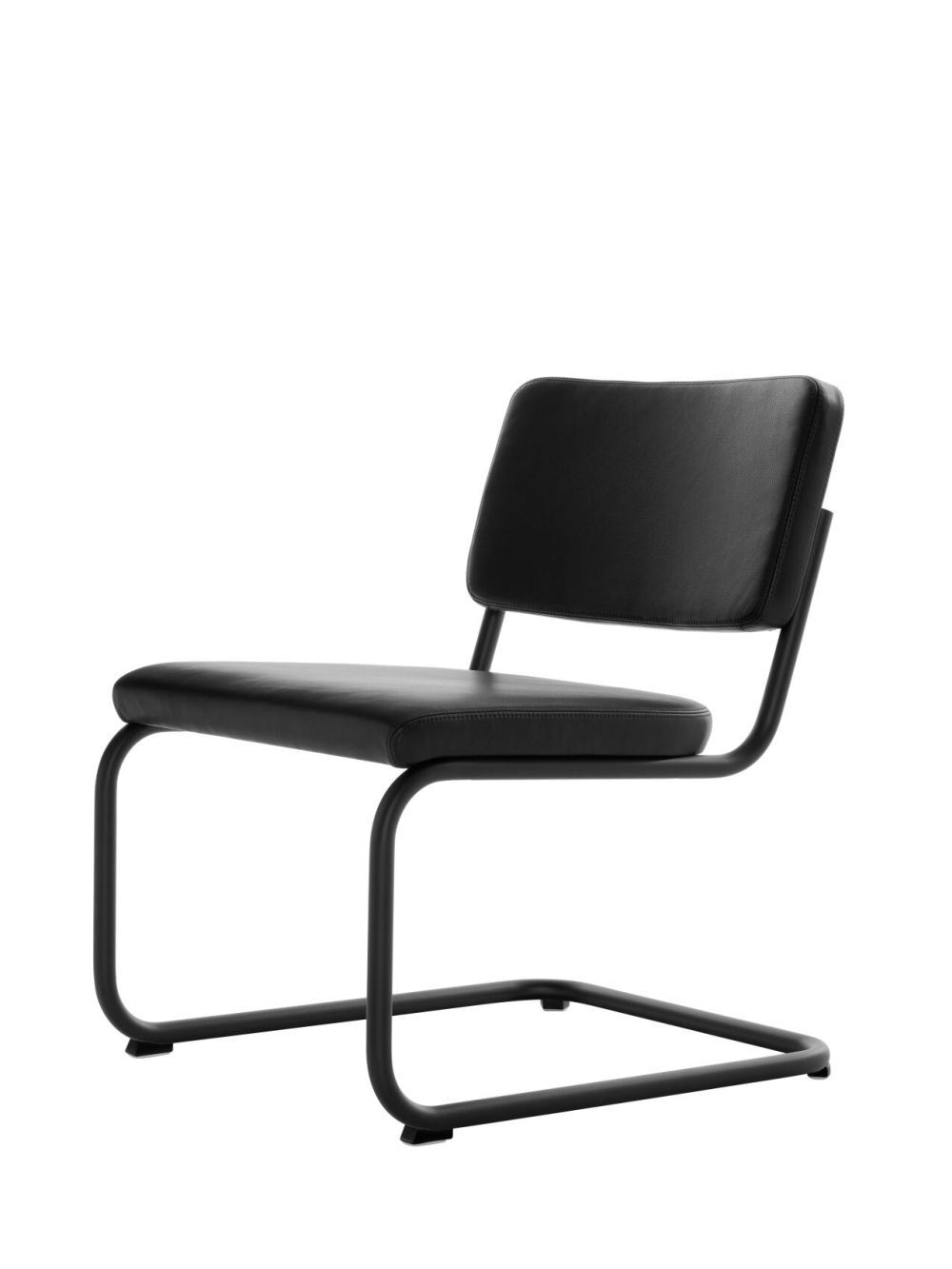 Schwarzer ergonomischer Freischwinger mit gepolsterter Sitzfläche und Rückenlehne, ideal für modernes Bürodesign.