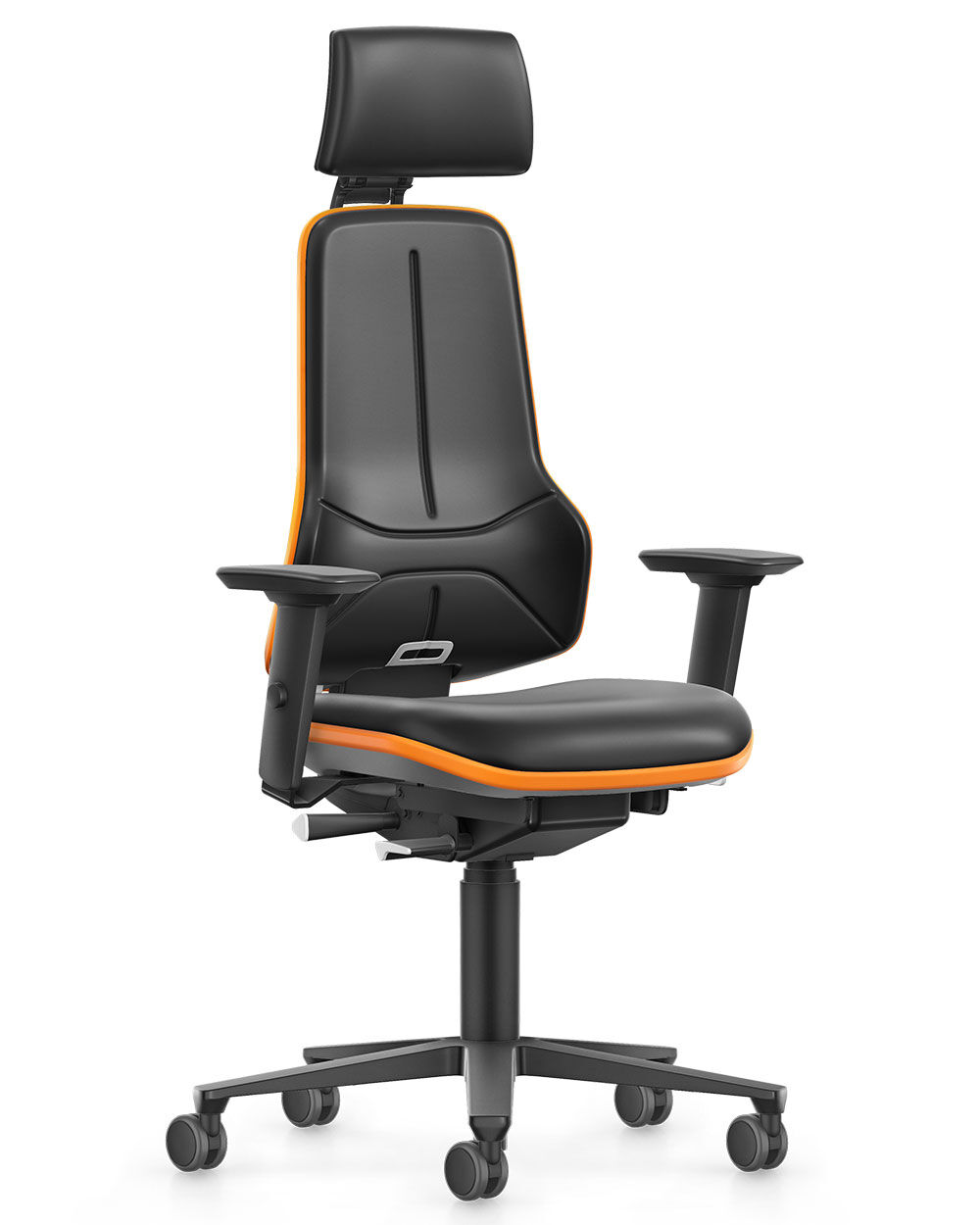 Ergonomischer Bürostuhl mit hoher Rückenlehne, Nackenstütze und orangefarbenen Akzenten für dynamisches Sitzen.