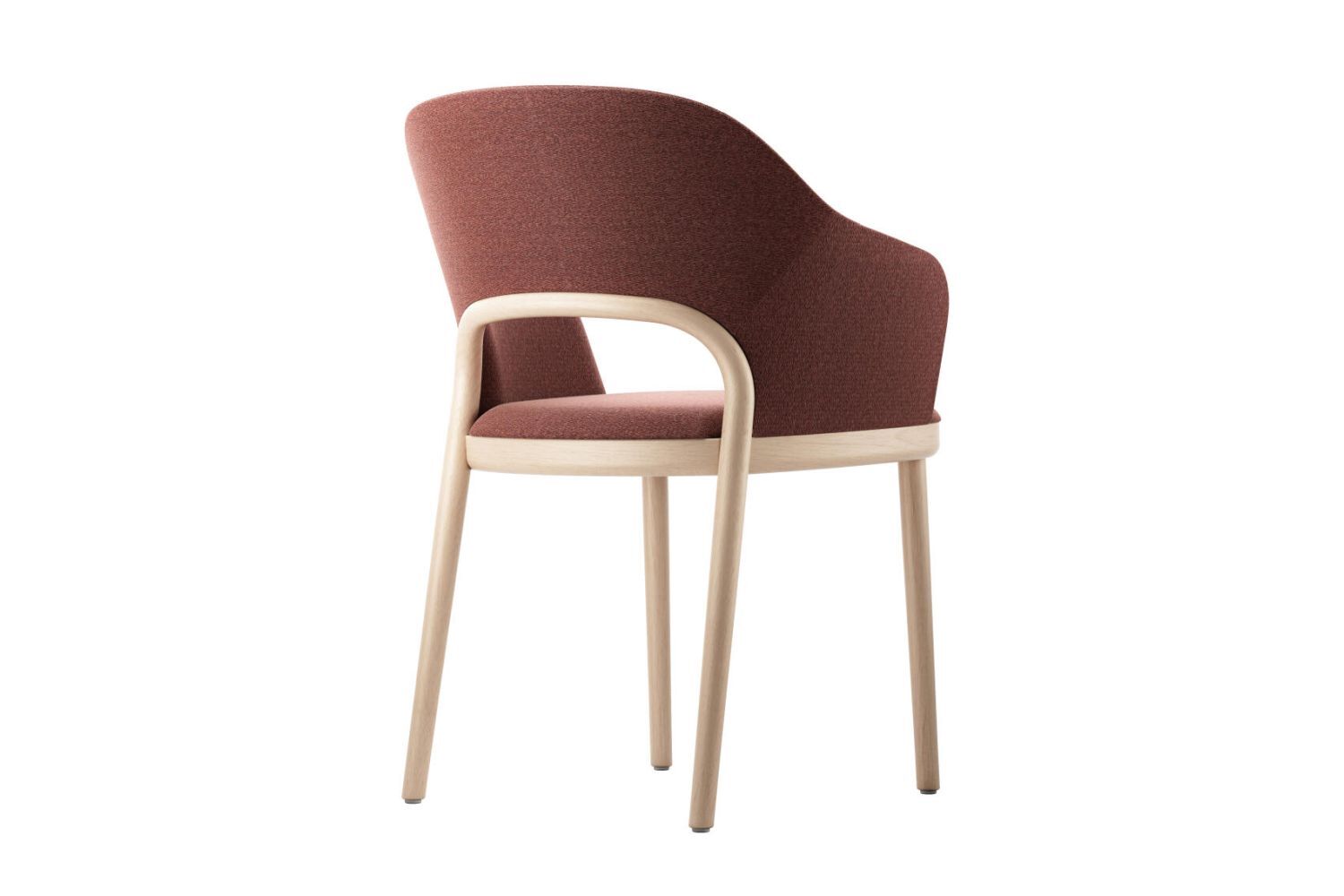 Ergonomischer Stuhl mit rotem Stoffbezug und hellem Holzrahmen, geeignet für dynamisches Sitzen im Büro.