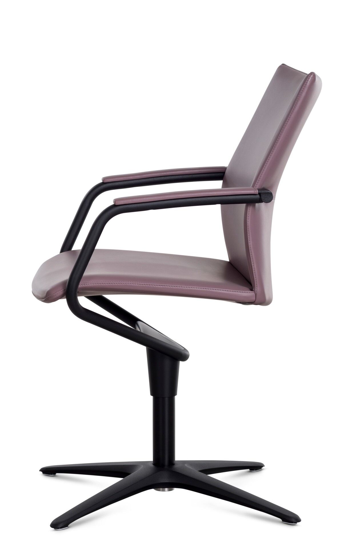 Ergonomischer Bürostuhl in seitlicher Ansicht mit schwarzem Gestell und gepolstertem Stoff in Lila.