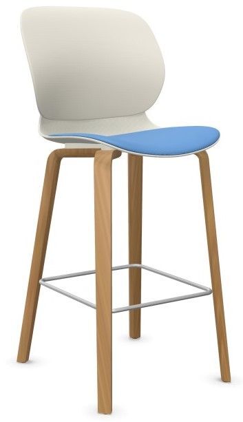 Moderner Barhocker mit hellem Holzgestell, weißer Rückenlehne und blauer Sitzfläche, ideal für ergonomisches Sitzen.