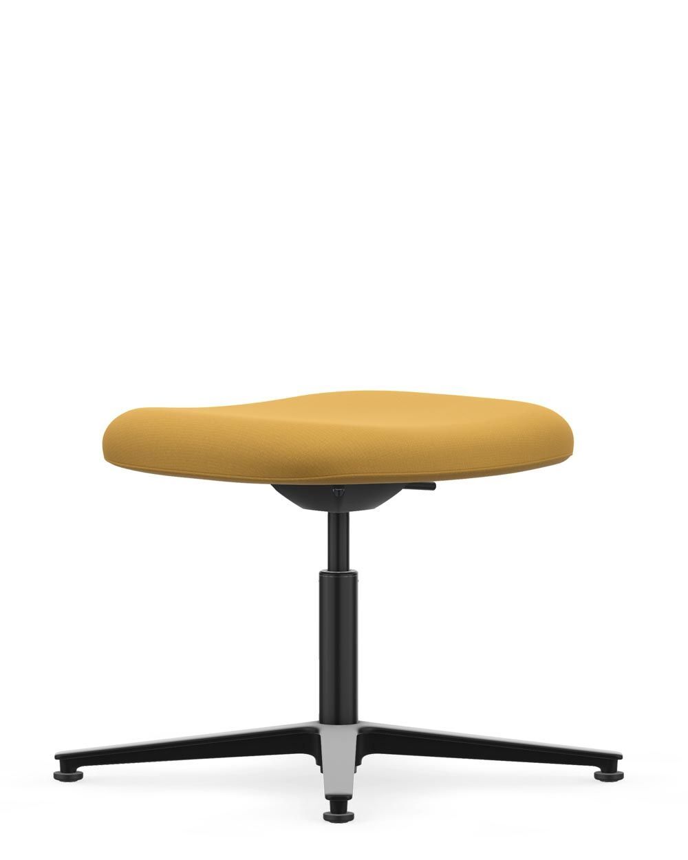 Moderner gelber ergonomischer Bürohocker mit schwarzem Metallfuß und verstellbarer Höhe auf weißem Hintergrund.
