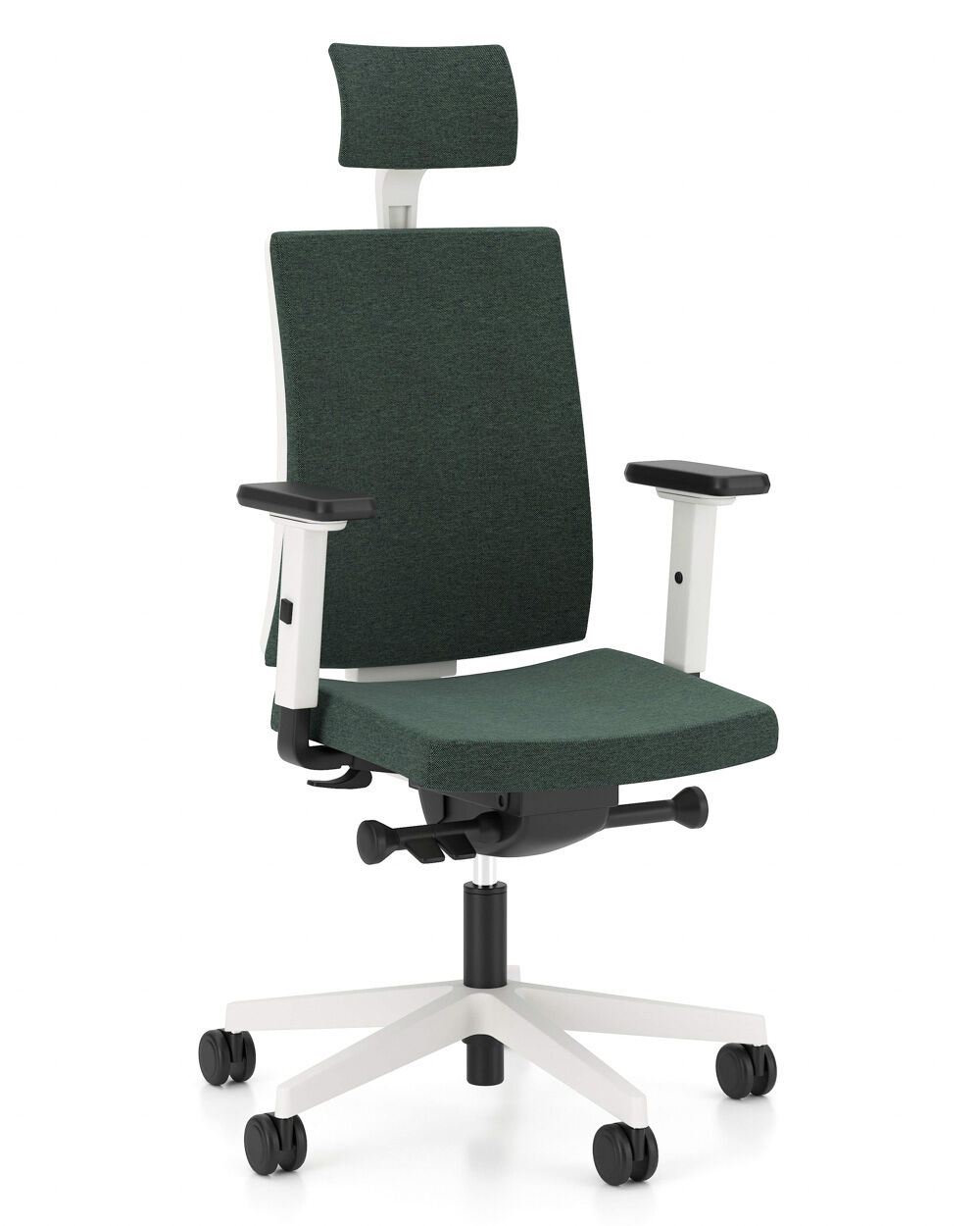 Ergonomischer Bürostuhl mit grüner Polsterung, verstellbarer Kopfstütze und weißen Armlehnen, ideal für dynamisches Sitzen.