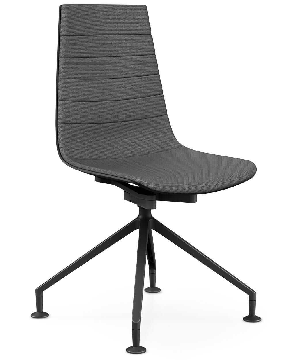 Moderner ergonomischer Bürostuhl mit gepolstertem Sitz und schwarzem vierbeinigen Untergestell auf weißem Hintergrund.