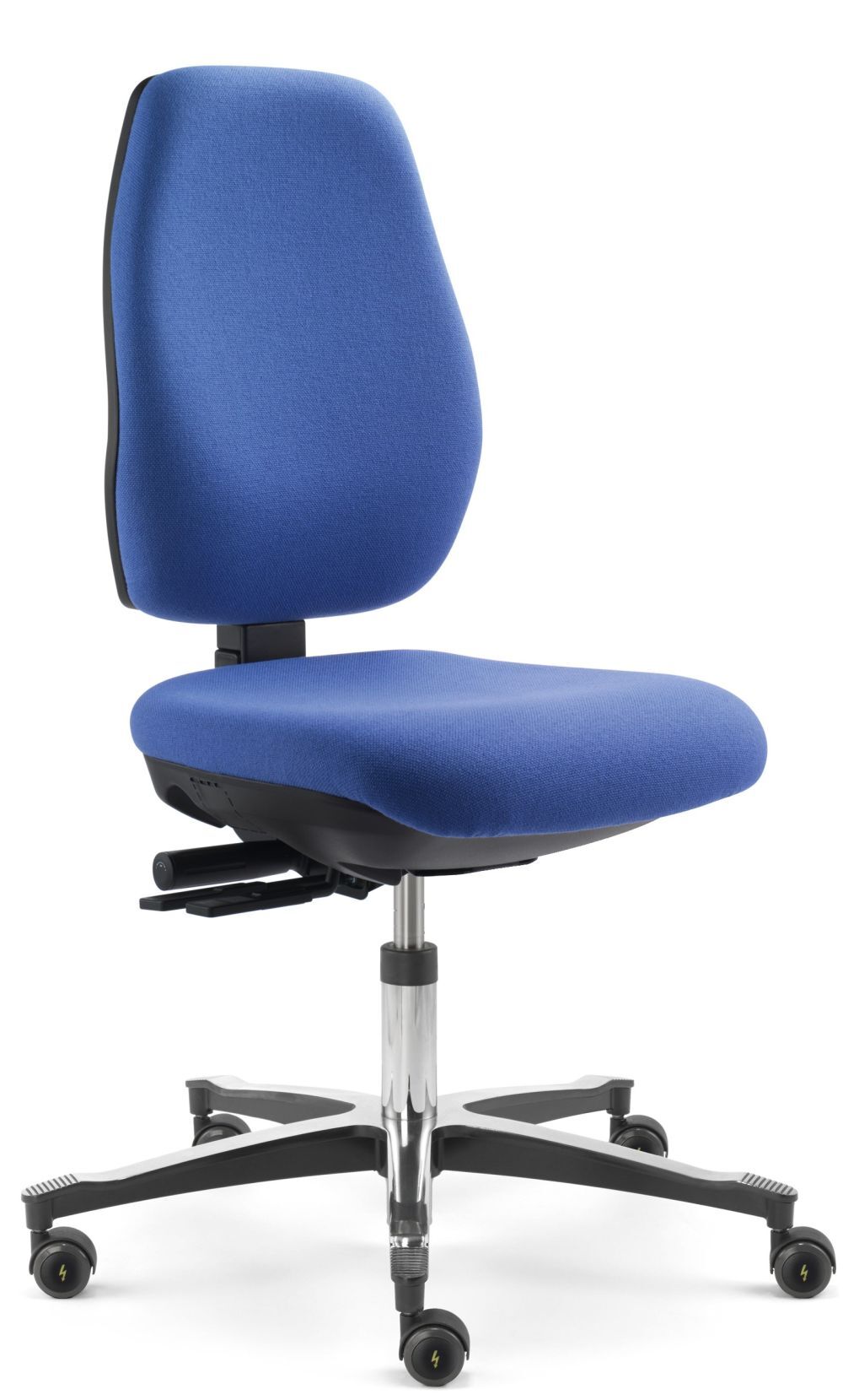 Ergonomischer Bürostuhl mit blauer Polsterung und verstellbarer Rückenlehne, auf einem fünfarmigen Rollfuß.