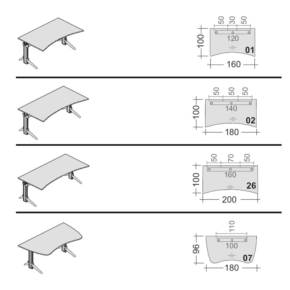 Diagramm mehrerer ergonomischer Schreibtischmodelle mit spezifischen Abmessungen für ergonomische Büroeinrichtungen.