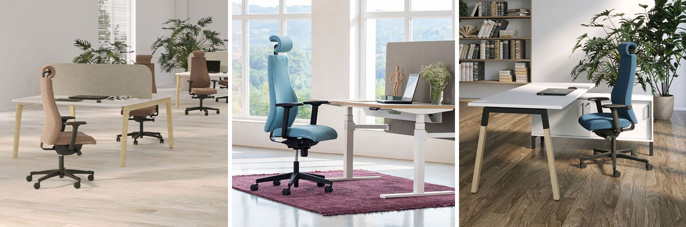 Ergonomische Bürostühle und Tische in verschiedenen Designs in einem modernen, gut beleuchteten Büroambiente ausgestellt.