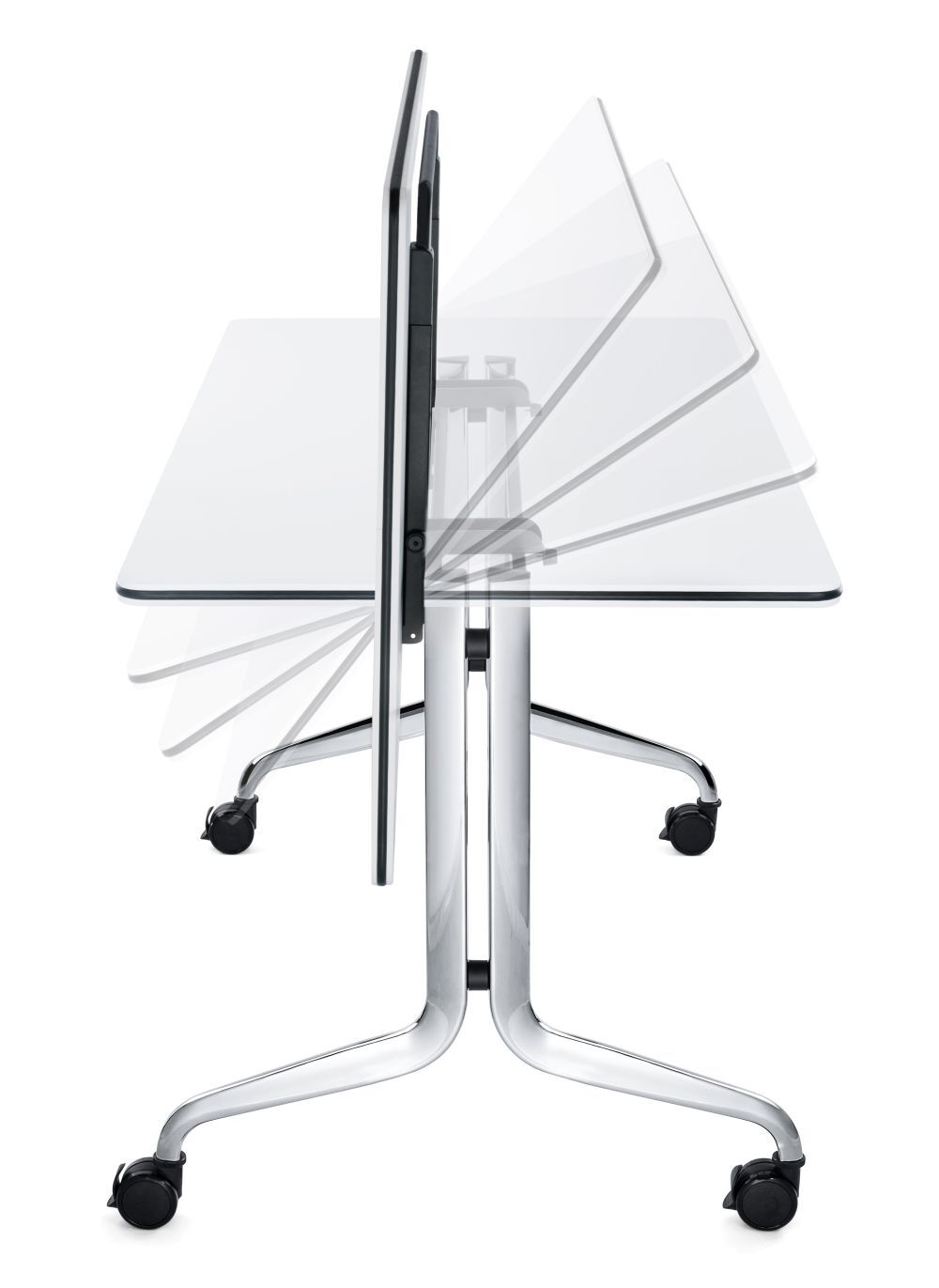 Klappbarer Schreibtisch mit verstellbaren Ergonomie-Funktionen, auf Rollen für einfache Mobilität, zeigt dynamisches Design.