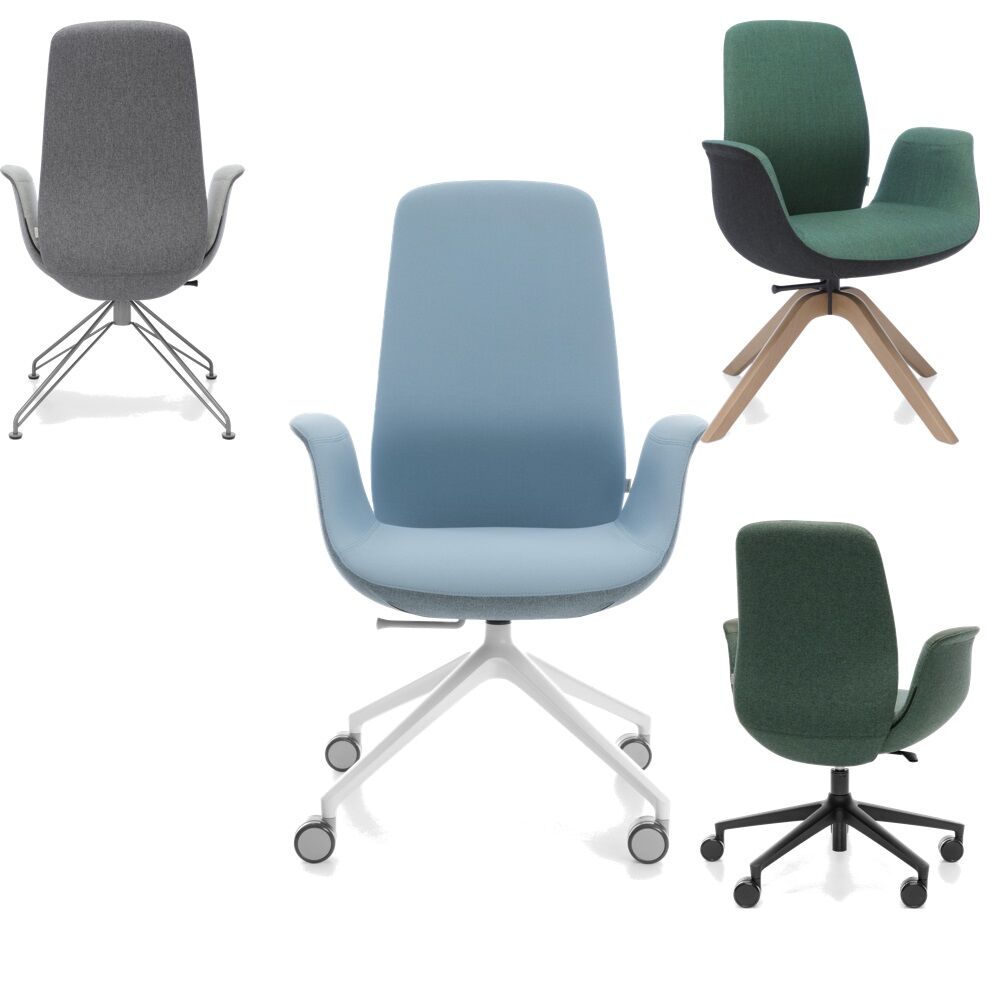 Vier moderne ergonomische Bürostühle in verschiedenen Farben und Designs, die Komfort und Stil bieten.