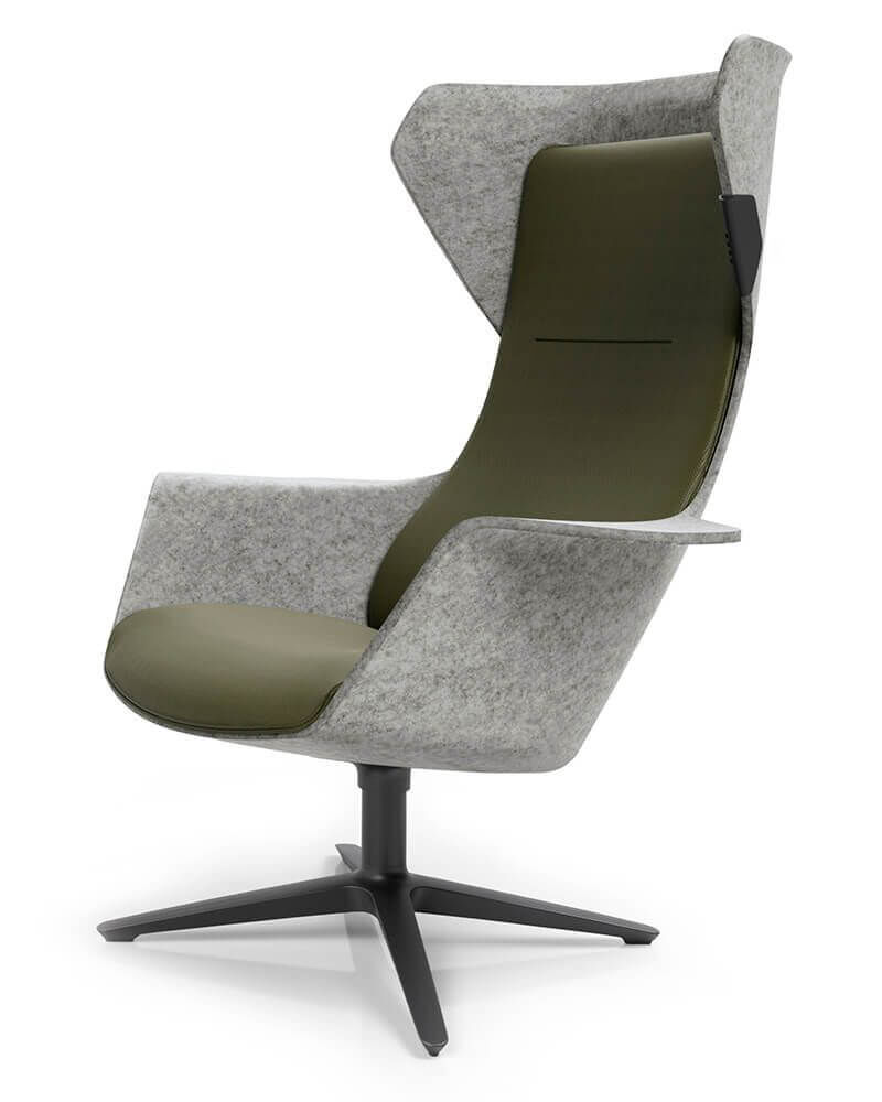 Moderner ergonomischer Bürostuhl mit hoher Rückenlehne in Grau und Grün, auf einem Drehfußgestell.