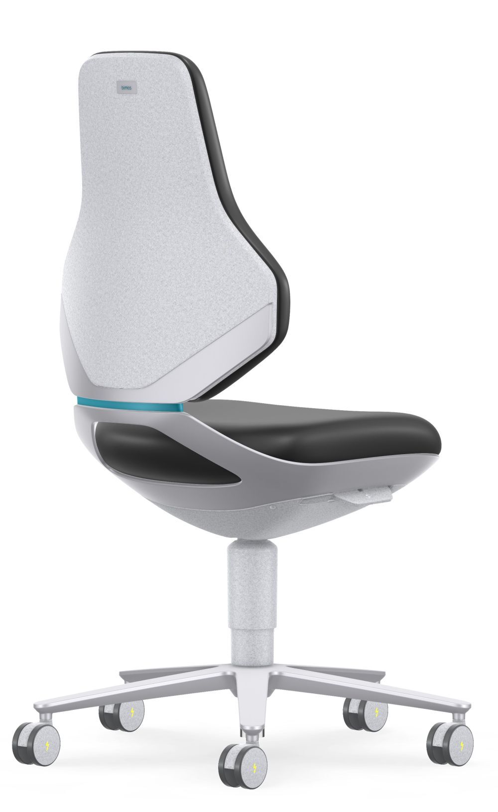 Ergonomischer Bürostuhl mit schwarzem Sitz, grauer Rückenlehne und stabilen Rollen, schwenkbar für dynamisches Sitzen.