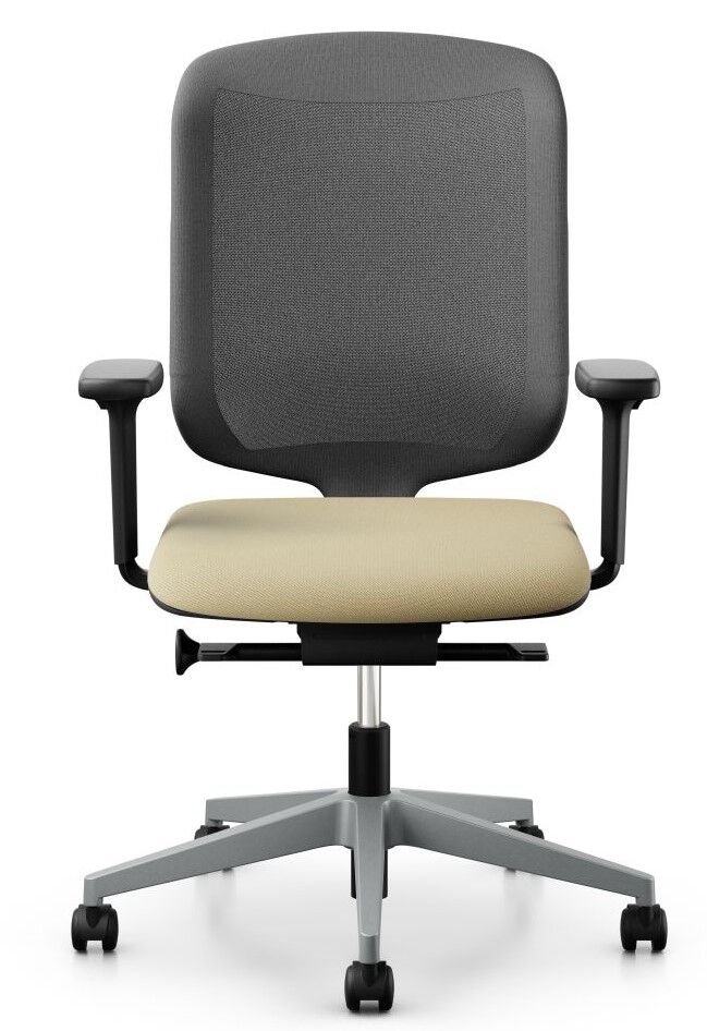 Ergonomischer Bürostuhl mit schwarzer Rückenlehne, beigem Sitz und verstellbaren Armlehnen auf Rollen.