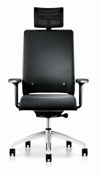 Ergonomischer Bürostuhl mit verstellbarer Kopfstütze und Armlehnen, fördert dynamisches Sitzen und Komfort.