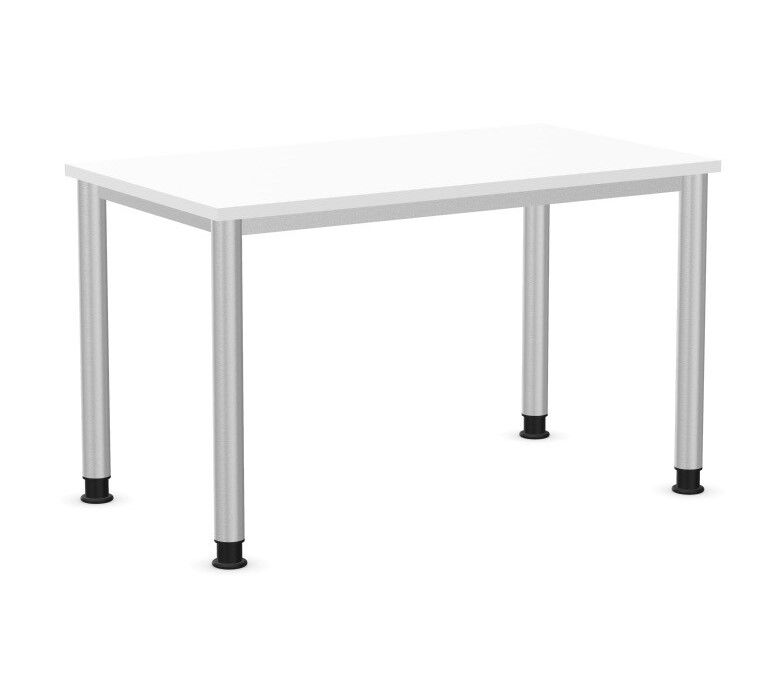Moderner weißer Tisch mit vier silbernen Beinen, ideal für ergonomische Arbeitsplätze.