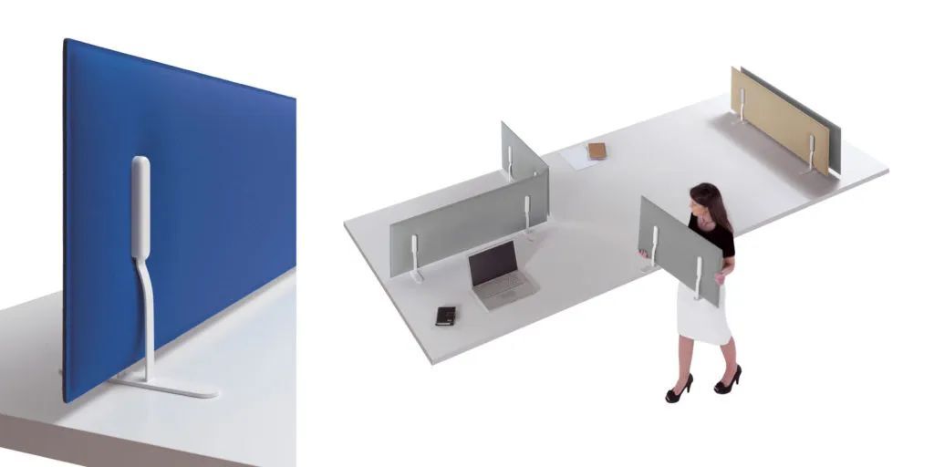 Ergonomische Trennwände für Büros, flexibel einsetzbar, gezeigt mit Laptop und Büromaterial im Hintergrund.