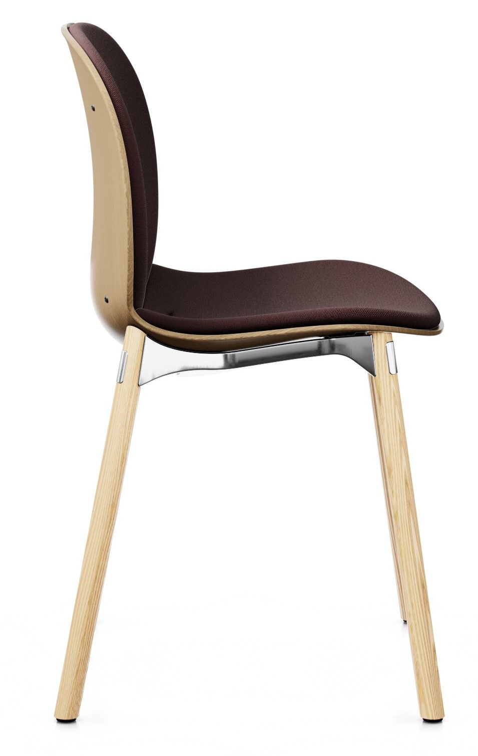 Ergonomischer Stuhl mit gepolstertem Sitz und Lehne, hellen Holzbeinen und modernem Design, seitliche Ansicht.
