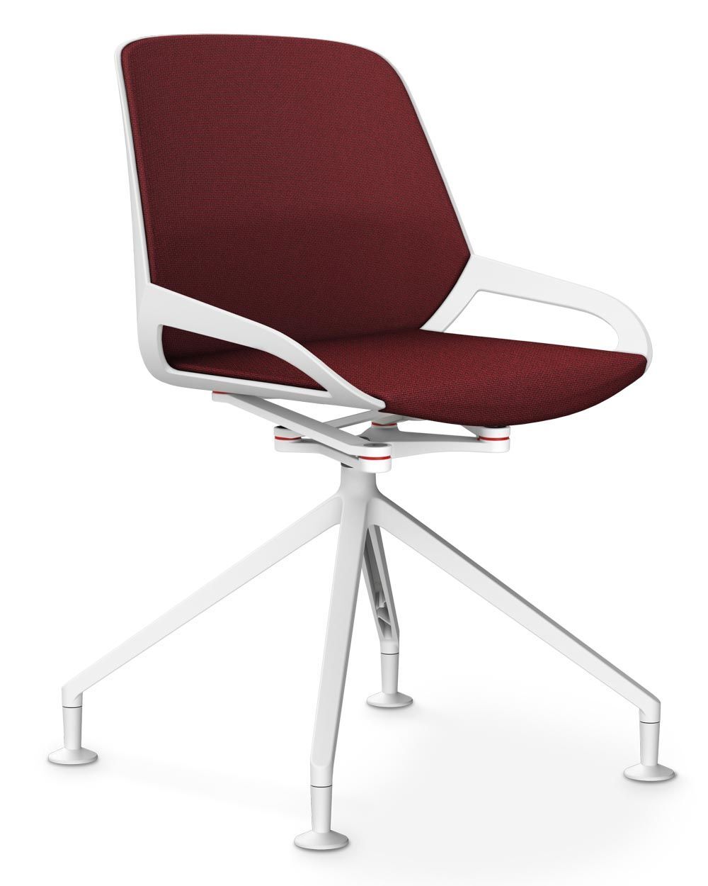 Ergonomischer Bürostuhl mit weinroter Polsterung und weißem Gestell, elegant und modern gestaltet.