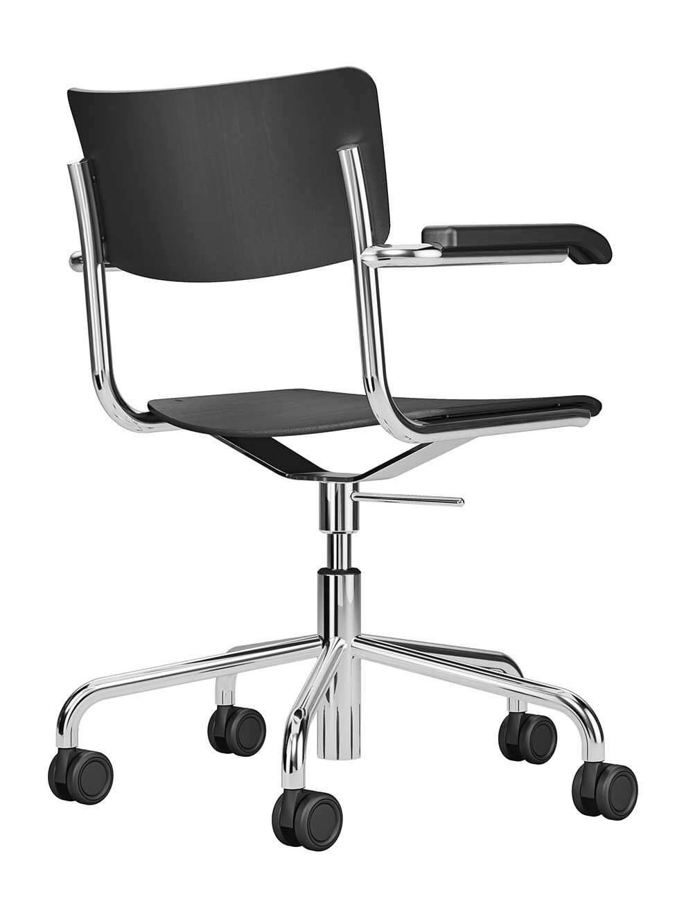 Moderner ergonomischer Bürostuhl mit schwarzem Sitz, Metallrahmen und Rollen für bewegliches Sitzen.
