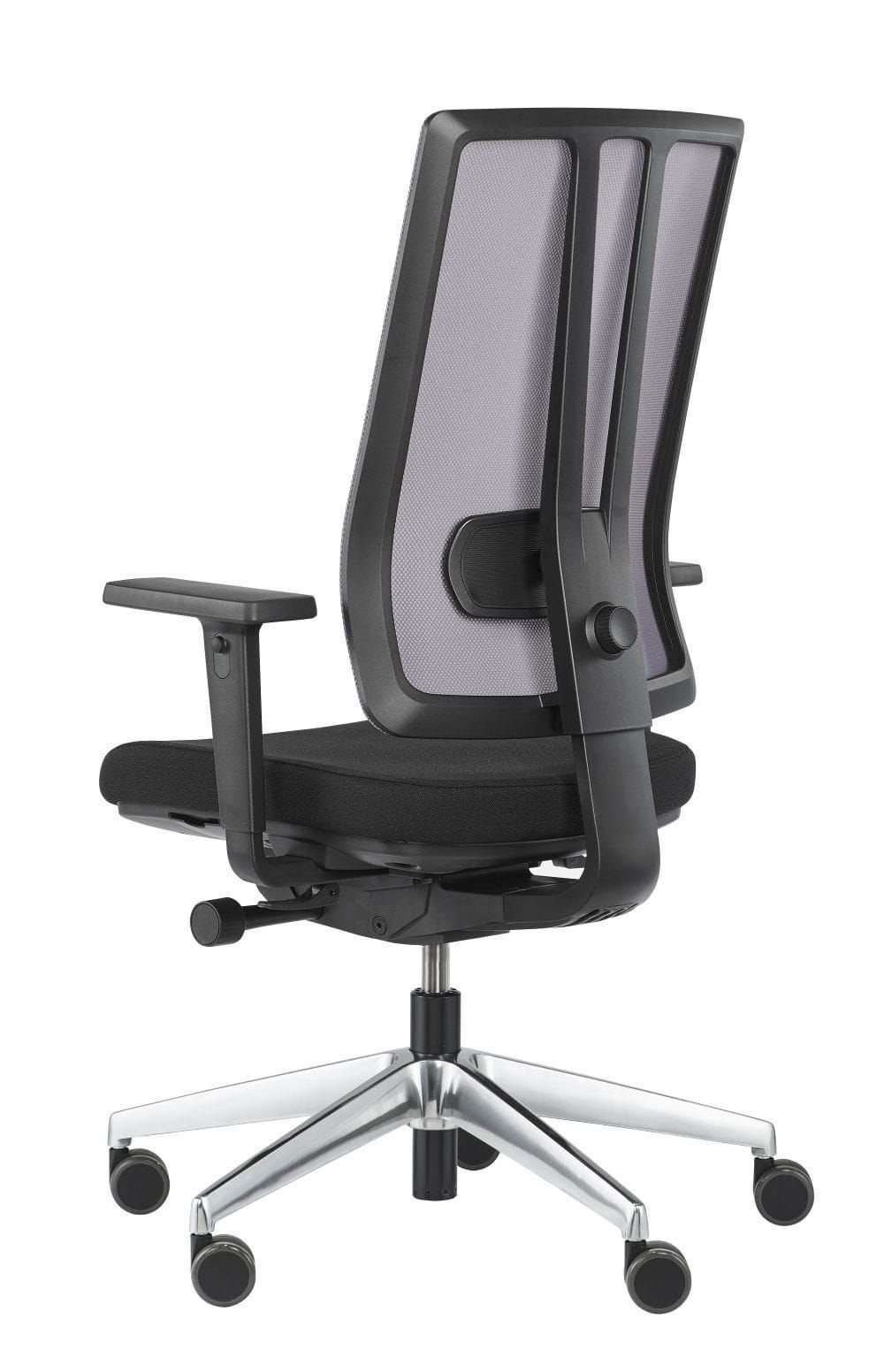 Ergonomischer Bürostuhl mit Netzrückenlehne, höhenverstellbaren Armlehnen und drehbarem Aluminiumfuß.