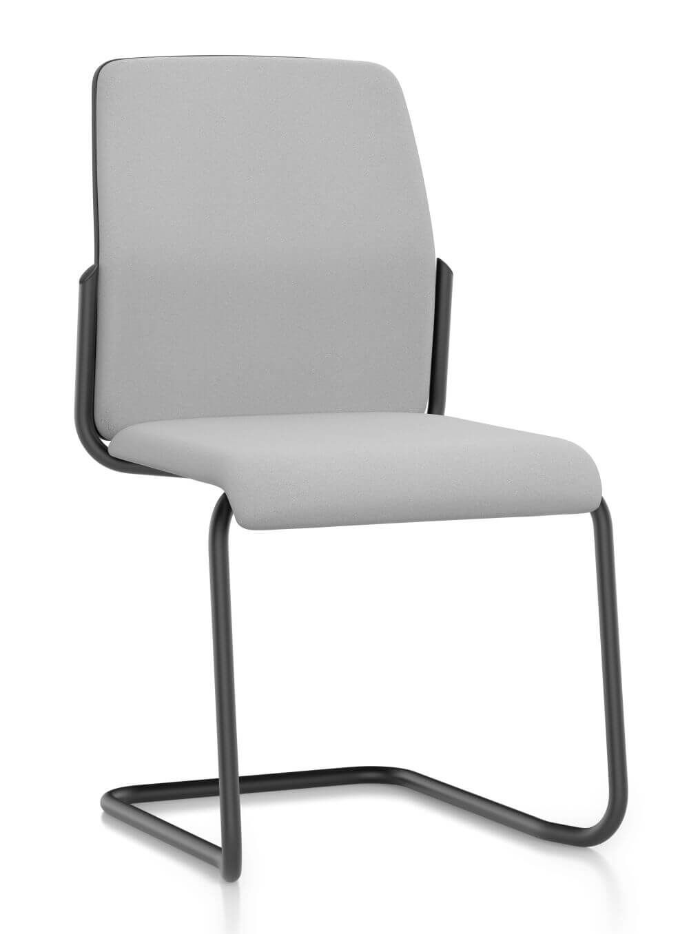 Ergonomischer grauer Bürostuhl mit schwarzem Metallgestell und gepolstertem Rücken, ideal für dynamisches Sitzen.