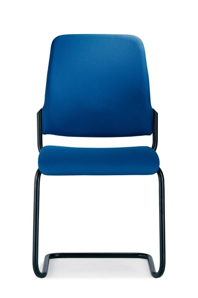 Blauer ergonomischer Besucherstuhl mit modernen Metallbeinen, ideal für gesundes und dynamisches Sitzen im Büro.